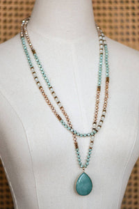 Boho Mixed Glass Bead Wrap Necklace, Natural Stone Drop Pendant