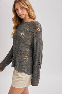 BOAT NECK SCALLOPED HEM OPEN KNIT SWEATER: ASH