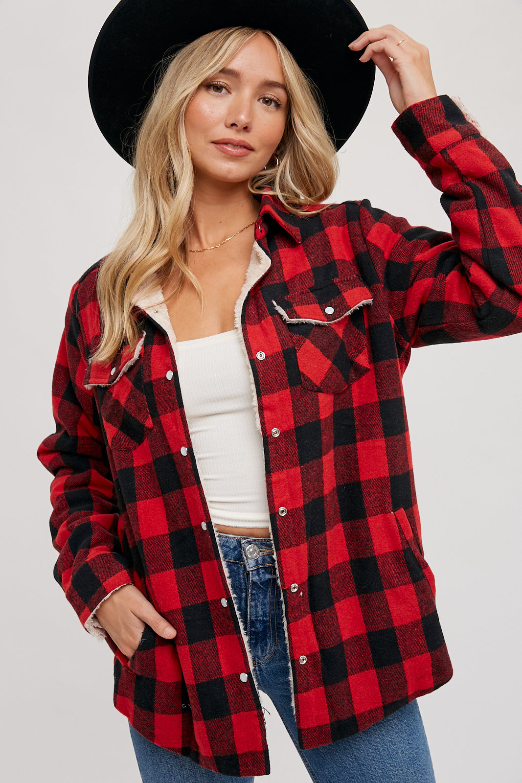 Buffalo Plaid Red and Black flannel jacket with sherpa lining