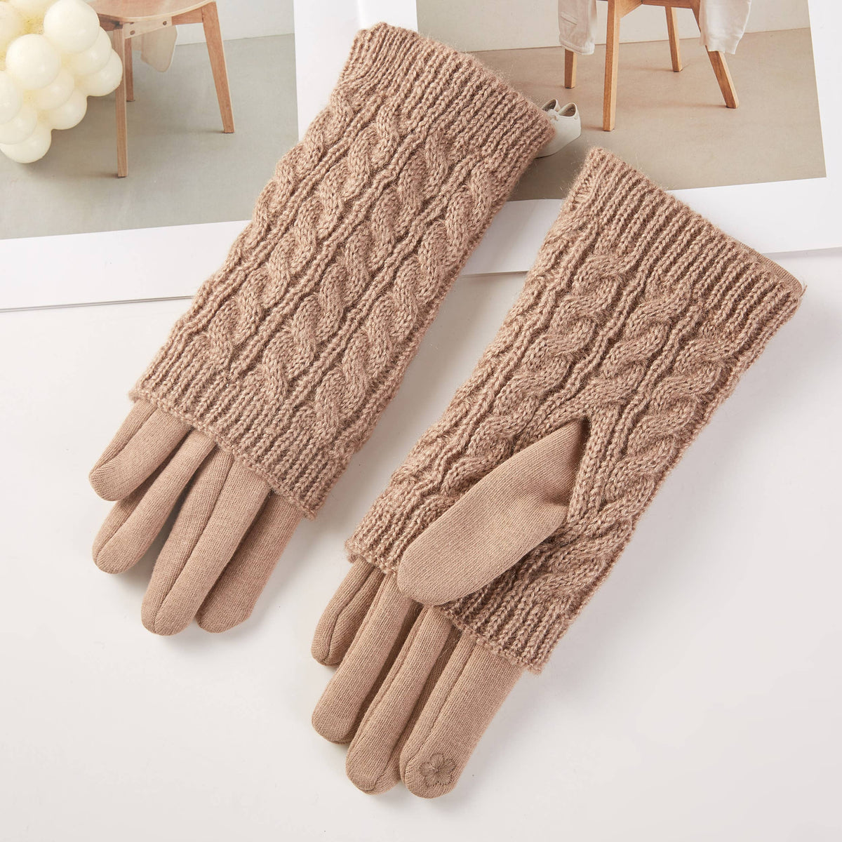 3 in 1 Cable Solid Knit Textured Winter Gloves: Taupe