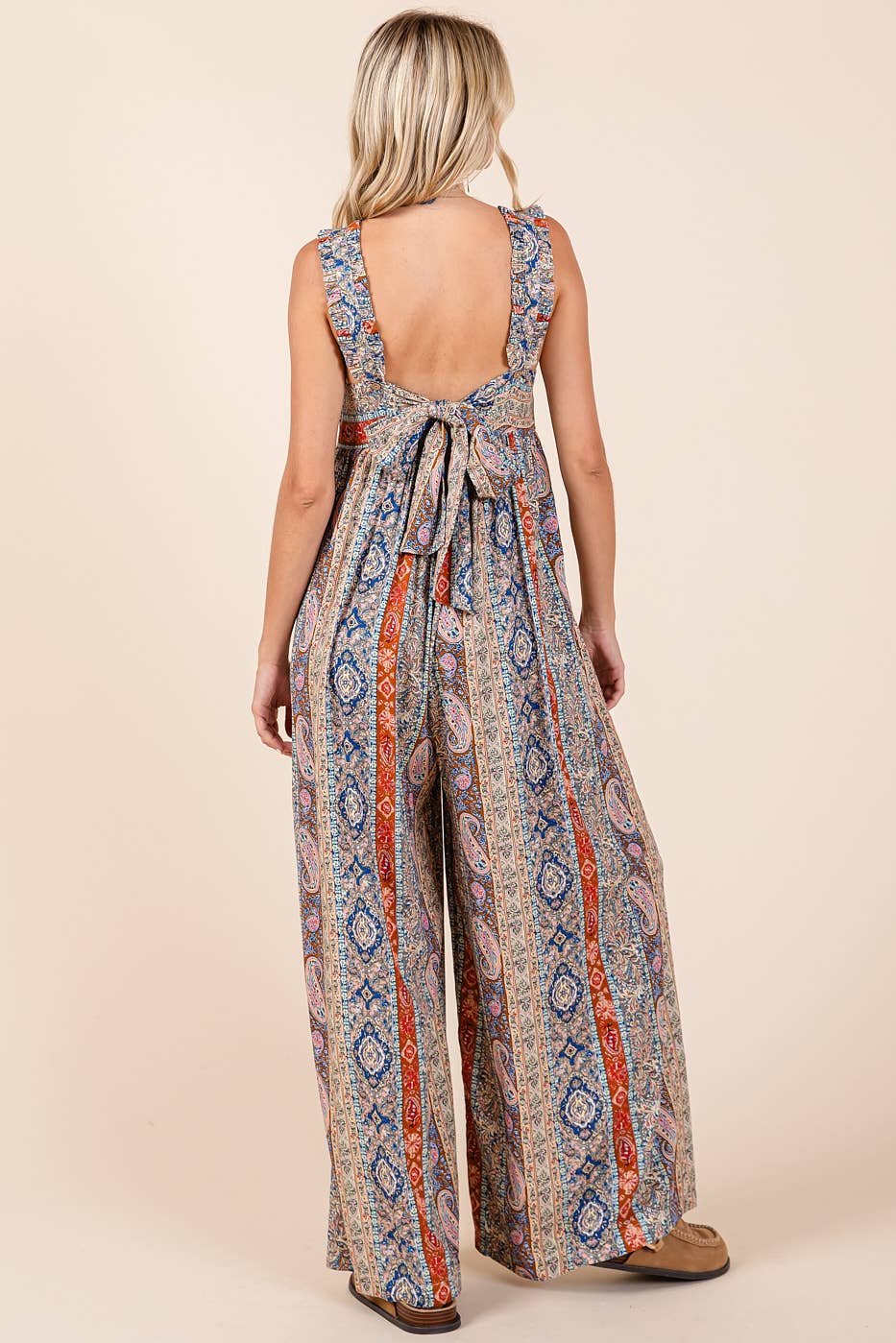 BOHO PRINT RUFFLE STRAP TIE BACK WIDE LEG JUMPSUIT / ROMPER / JUMPER