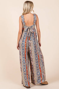 BOHO PRINT RUFFLE STRAP TIE BACK WIDE LEG JUMPSUIT / ROMPER / JUMPER