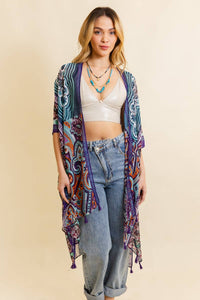 Paisley Print Open Front Kimono w/ Cinched Arms: Teal