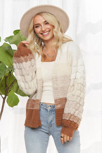 COLORBLOCK BUBBLE-SLEEVE CARDIGAN: BROWN MULTI