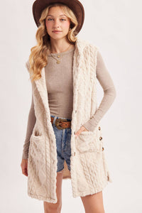 BOUCLE CABLE KNIT SWEATER HOODED VEST: ECRU