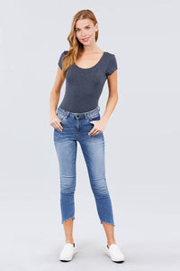 Solid Short Sleeve Scoop Neck Bodysuit Blouse : Charcoal Grey