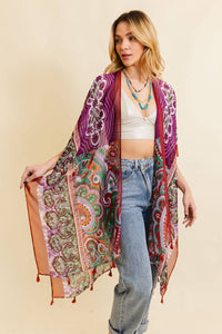 Paisley Print Open Front Kimono w/ Cinched Arms: Maroon