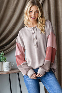 URBAN RIBBED SOLID COLOR BLOCK LONG SLEEVE TOP: SAND