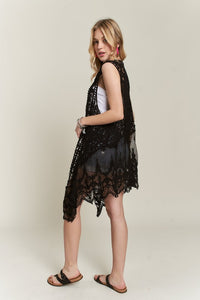 Crochet Lace Kimono Vest in black