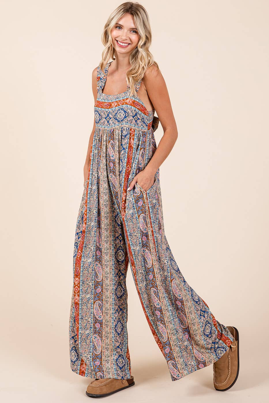 BOHO PRINT RUFFLE STRAP TIE BACK WIDE LEG JUMPSUIT / ROMPER / JUMPER