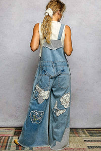 Embroidery Floral Patchwork Buckle Back Woven Denim Overalls / Romper / Pants : DENIM MULTI