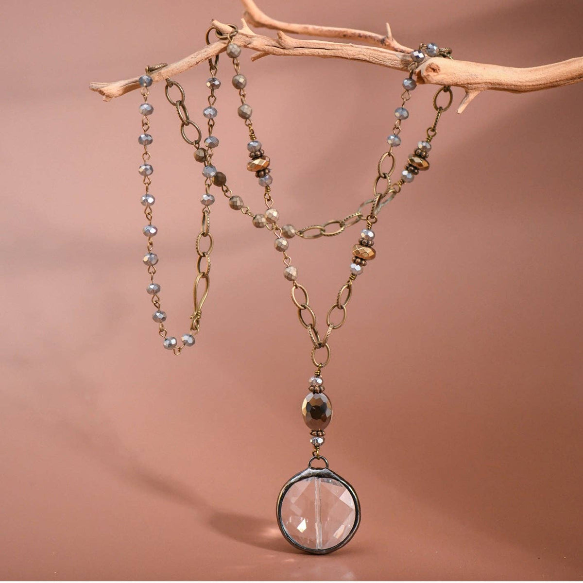 Boho Long Beaded Chain Link Necklace, Glass Crystal Round Pendant -  Round