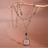 Boho Long Beaded Chain Link Necklace, Glass Crystal Round Pendant -  Round
