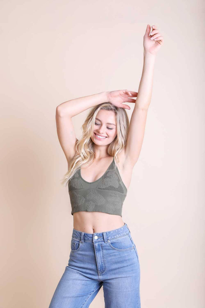 Seamless Padded V Neck Brami Bralette : Olive