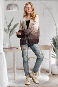 PUFF SLEEVES OMBRE SWEATER CARDIGAN: COFFEE