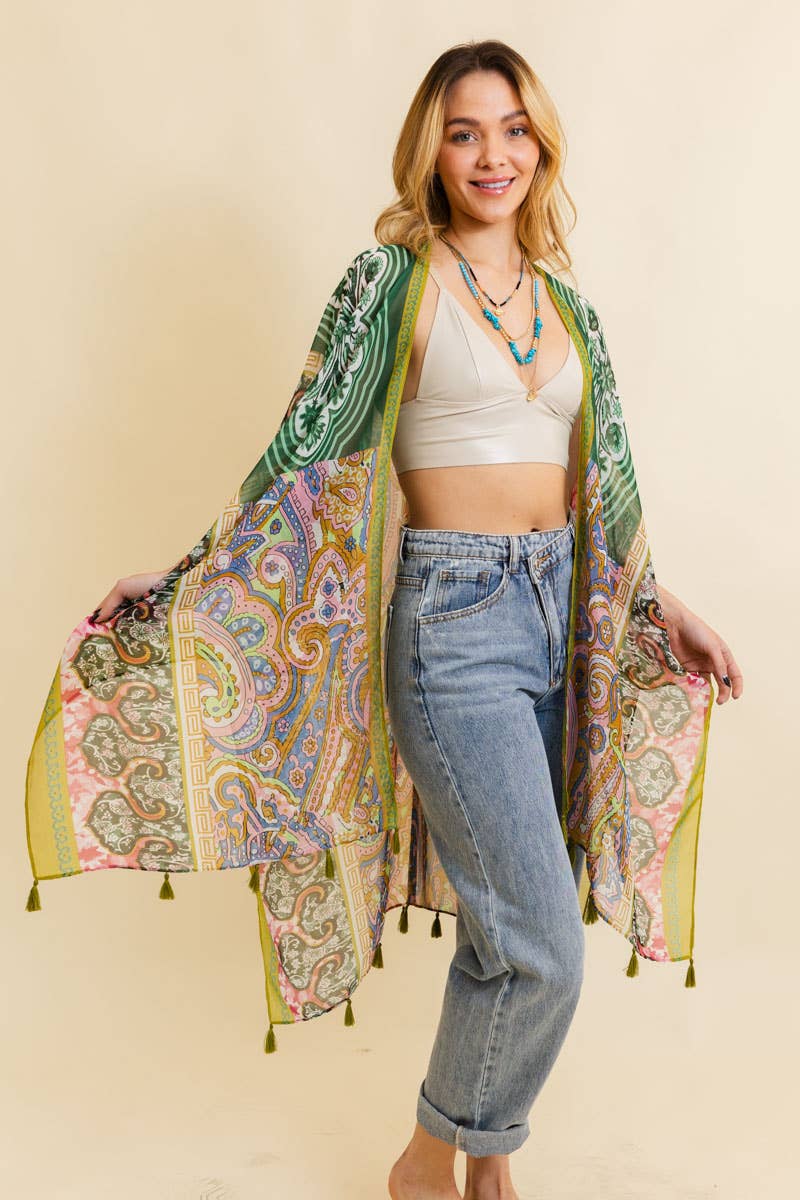 Paisley Print Open Front Kimono w/ Cinched Arms: Lime