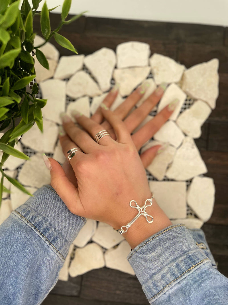 Silver Plated Bangle Bracelet - Rounded Cross