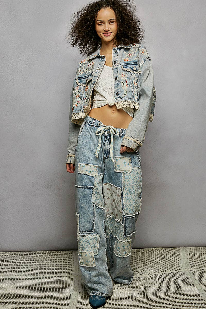Floral Embroidery Lace Trim Denim Jacket: DENIM