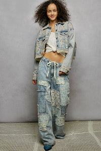 Floral Embroidery Lace Trim Denim Jacket: DENIM
