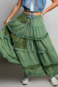Boho Tie Waistband Patchwork Tiered Ruffle Maxi Skirt: OLIVE