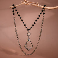 Long Beaded Chain Link Necklace, Glass Crystal Pendant