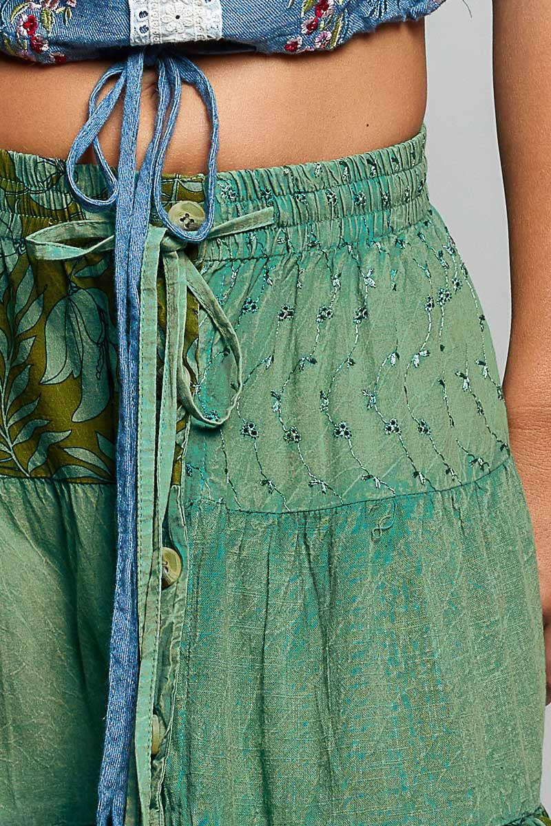 Boho Tie Waistband Patchwork Tiered Ruffle Maxi Skirt: OLIVE