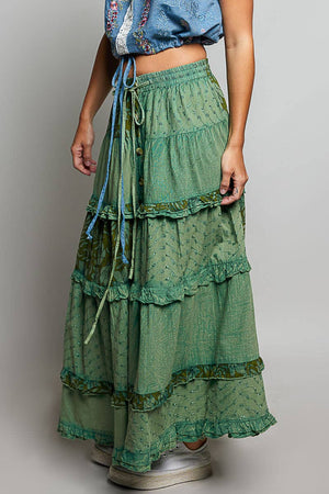 Boho Tie Waistband Patchwork Tiered Ruffle Maxi Skirt: OLIVE