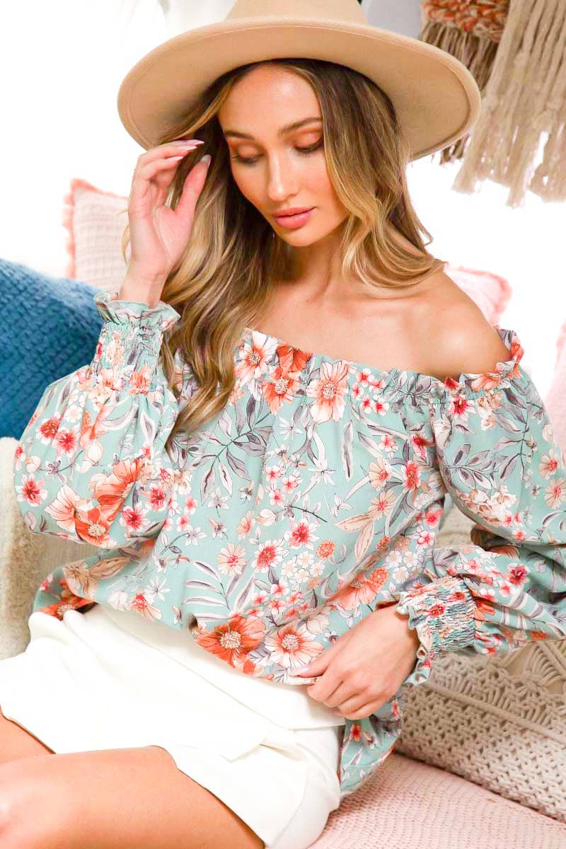 Off The Shoulder Floral Stripe Printed Woven Blouse : Mint