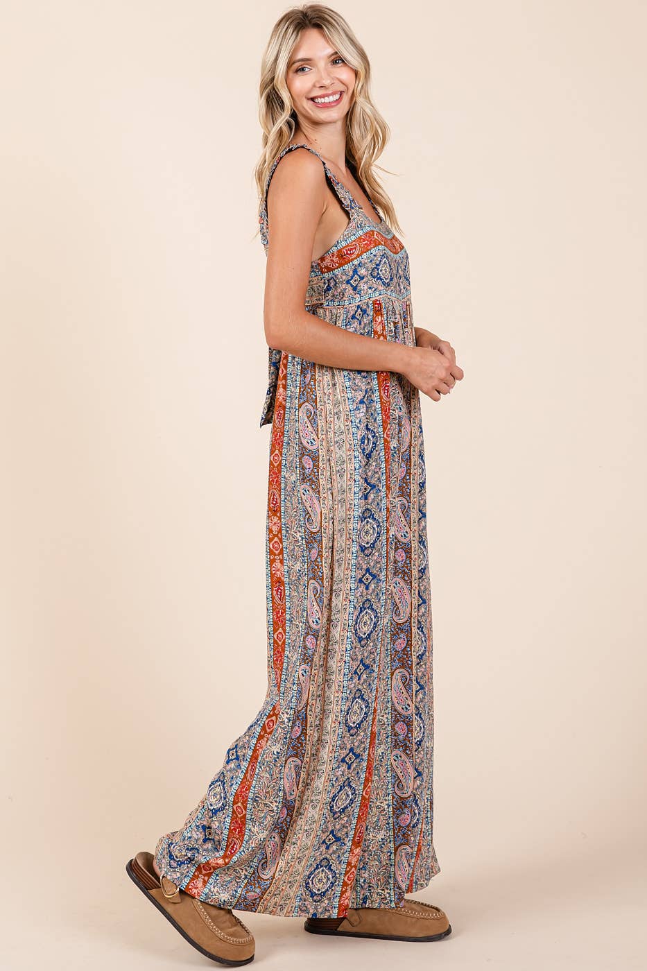 BOHO PRINT RUFFLE STRAP TIE BACK WIDE LEG JUMPSUIT / ROMPER / JUMPER