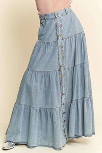 DENIM BUTTON FRONT RUFFLE HEM DENIM MAXI SKIRT: Denim