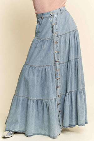 DENIM BUTTON FRONT RUFFLE HEM DENIM MAXI SKIRT: Denim