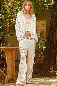 Open knitted button down crochet sweater cardigan: CREAM