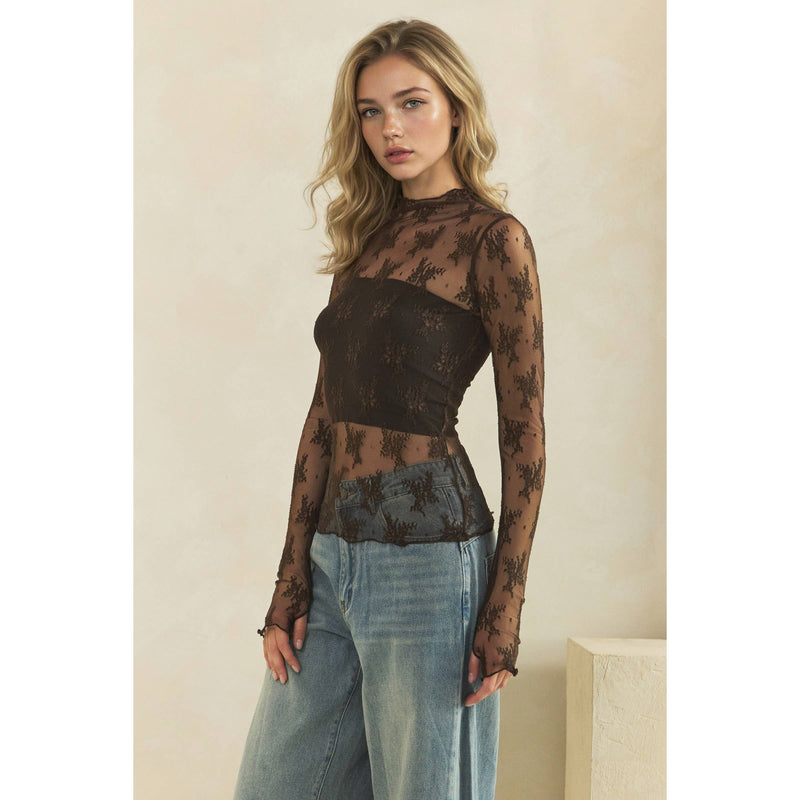 Lace Long Sleeve See Through Top: Brown