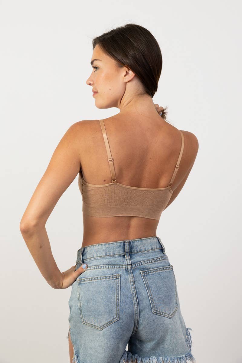 COMFY! Ultra Soft Lace Trim Ribbed Padded Seamless Bralette: Mocha