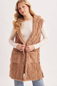 BOUCLE CABLE KNIT SWEATER HOODED VEST