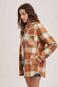 BUTTON DOWN FLANNEL SHACKET JACKET WITH POCKETS: PUMPKIN