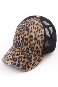 C.C Washed Denim with Crossed Elastic Band Mesh Pony Cap: Leopard