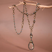 Boho Long Beaded Chain Link Necklace, Glass Crystal Teardrop Pendant
