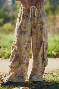 FLOWER PRINTED DENIM WAIST DROPPED POCKETS PANT: Yellow