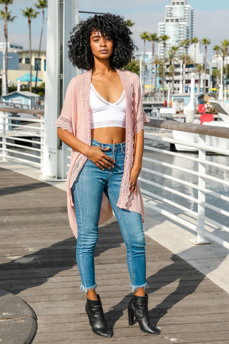 Jeans Boho Lace Cardigan Anna-Kaci Boho Crochet Long Vest Top For