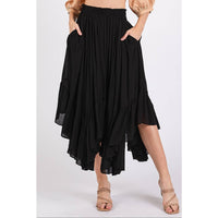 HANDKERCHIEF HEM ELASTIC WAIST POCKET MIDI SKIRT: BLACK