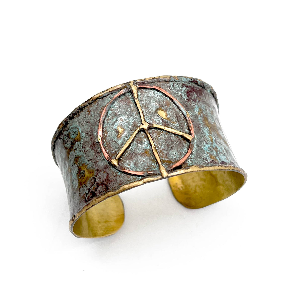 Brass Patina Cuff Bracelet - Rustic Blue Peace Sign