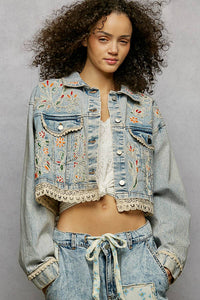 Floral Embroidery Lace Trim Denim Jacket: DENIM
