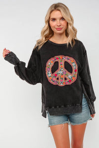 PLUS SUZE EMBROIDERED PEACE WASHED PULLOVER KNIT TOP: CHARCOAL