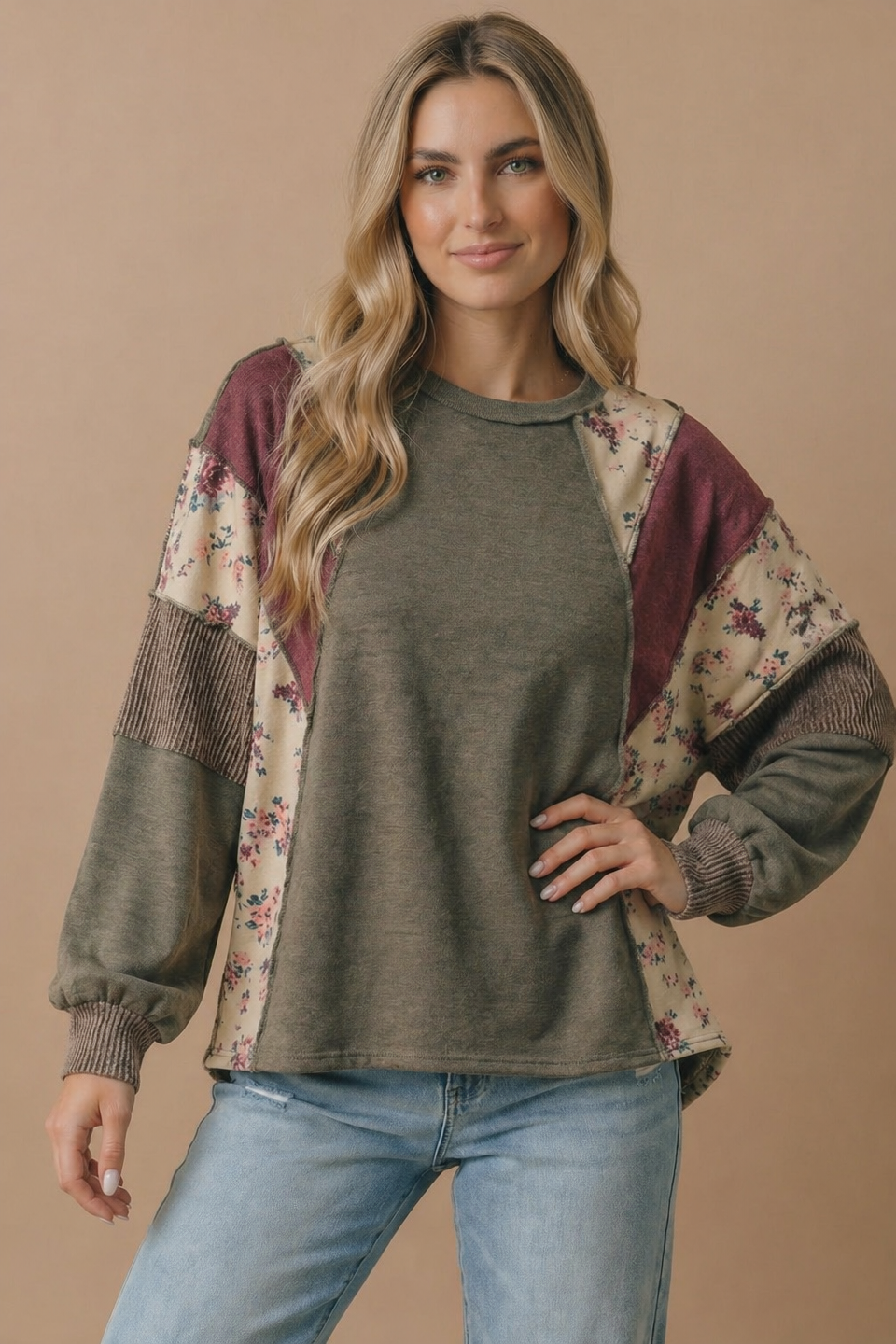 Mixed Media Patchwork Pullover Knit Top: OLIVE