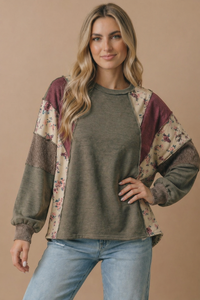 Mixed Media Patchwork Pullover Knit Top: OLIVE