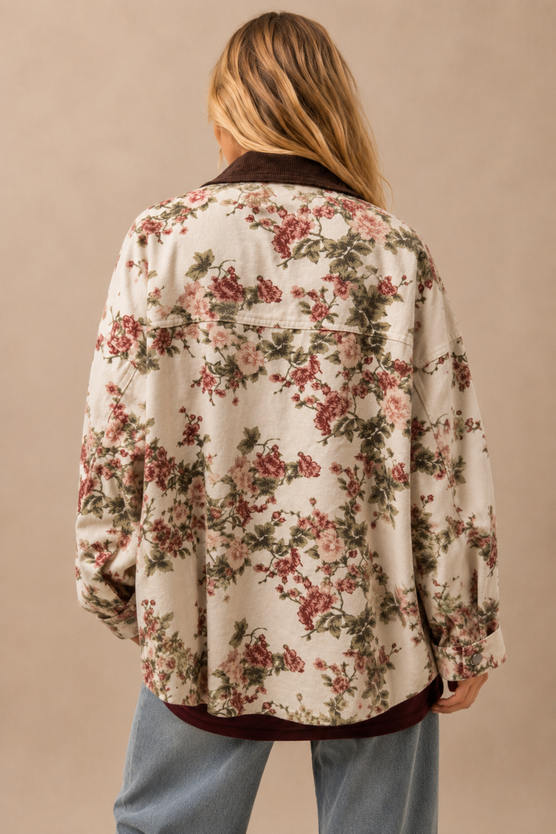 Vintage Floral Canvas Jacket with Corduroy Collar: CREAM FLORAL