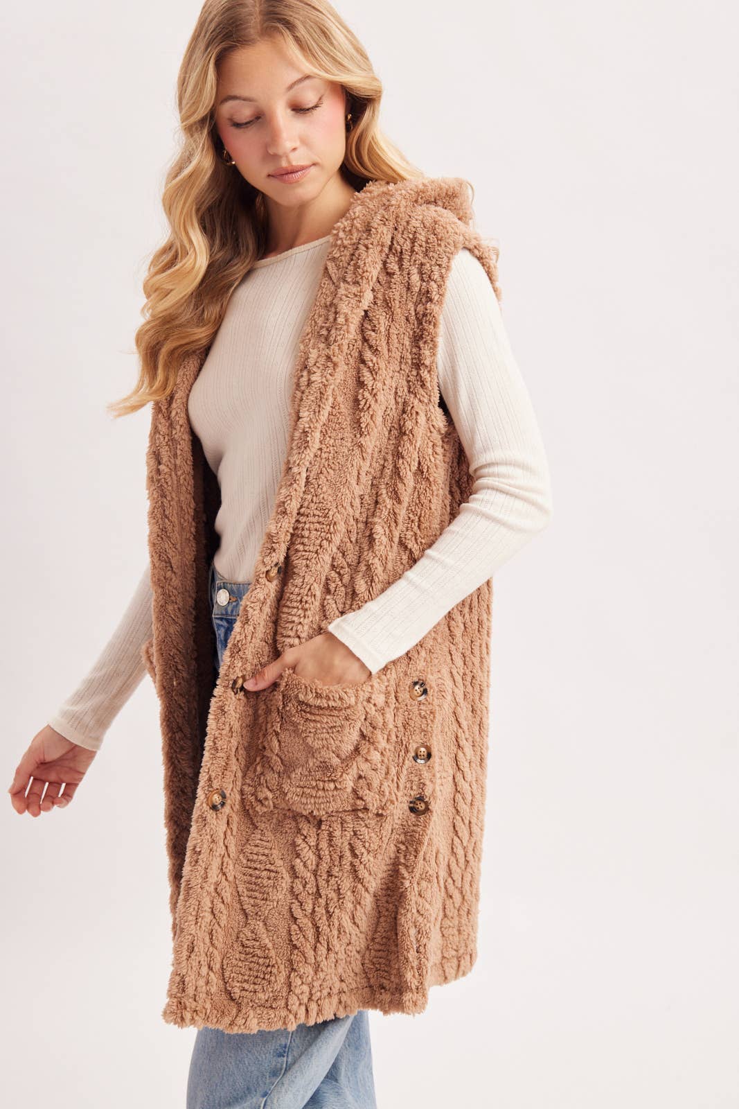 BOUCLE CABLE KNIT SWEATER HOODED VEST