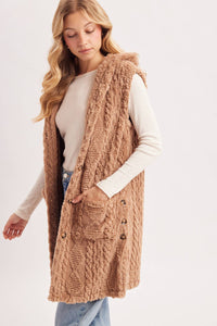 BOUCLE CABLE KNIT SWEATER HOODED VEST