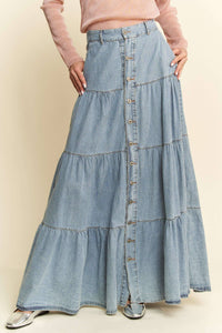 DENIM BUTTON FRONT RUFFLE HEM DENIM MAXI SKIRT: Denim